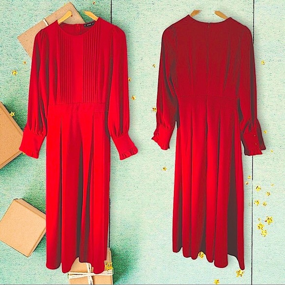 SHEIN Red🎄Maxi Dress with Puff ruffle cuff sleeves and tucks on front S - Picture 1 of 10